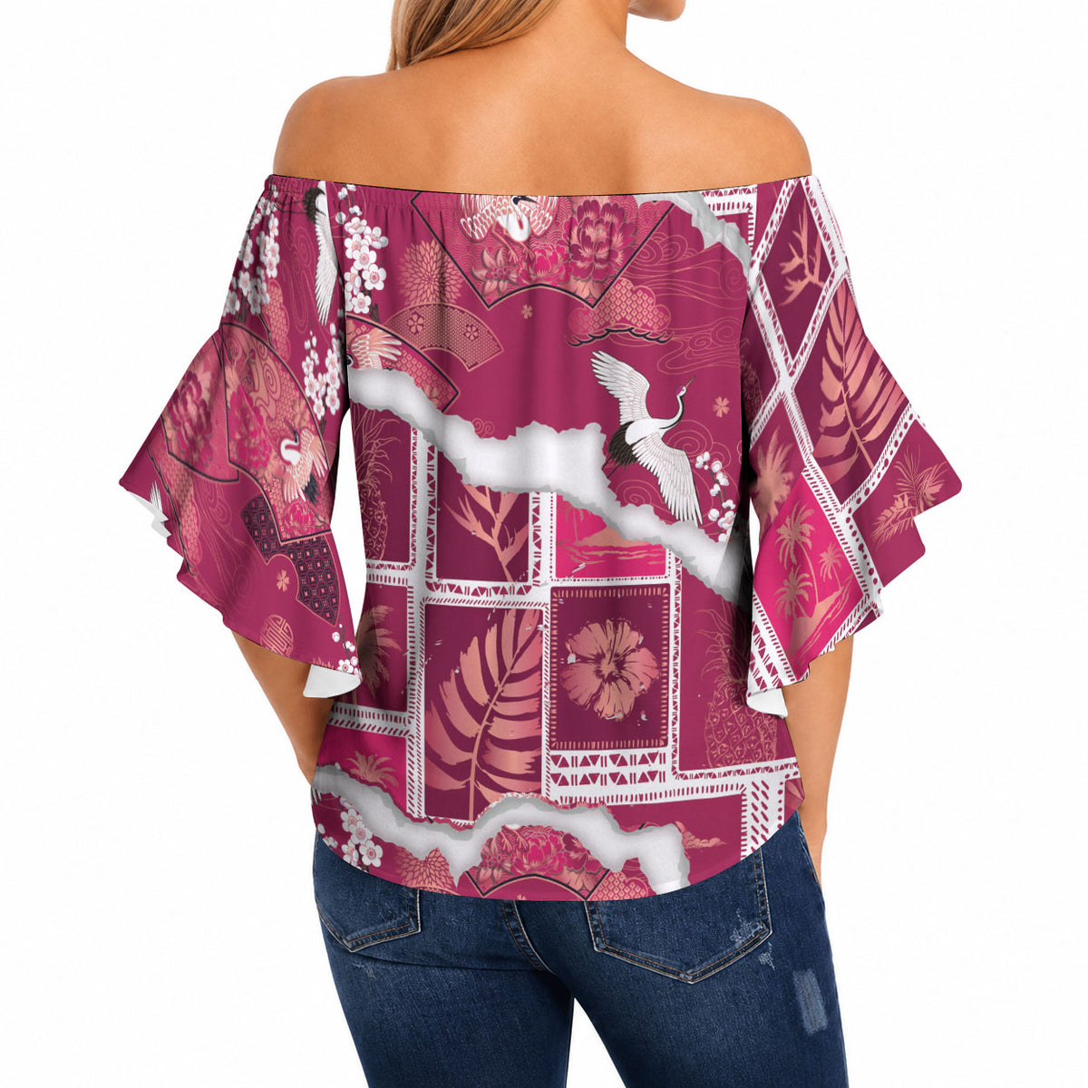 Hawaii Japanese Culture Pink Off Shoulder Wrap Waist Top Spring Cranes Aloha Pattern LT01 - Polynesian Pride