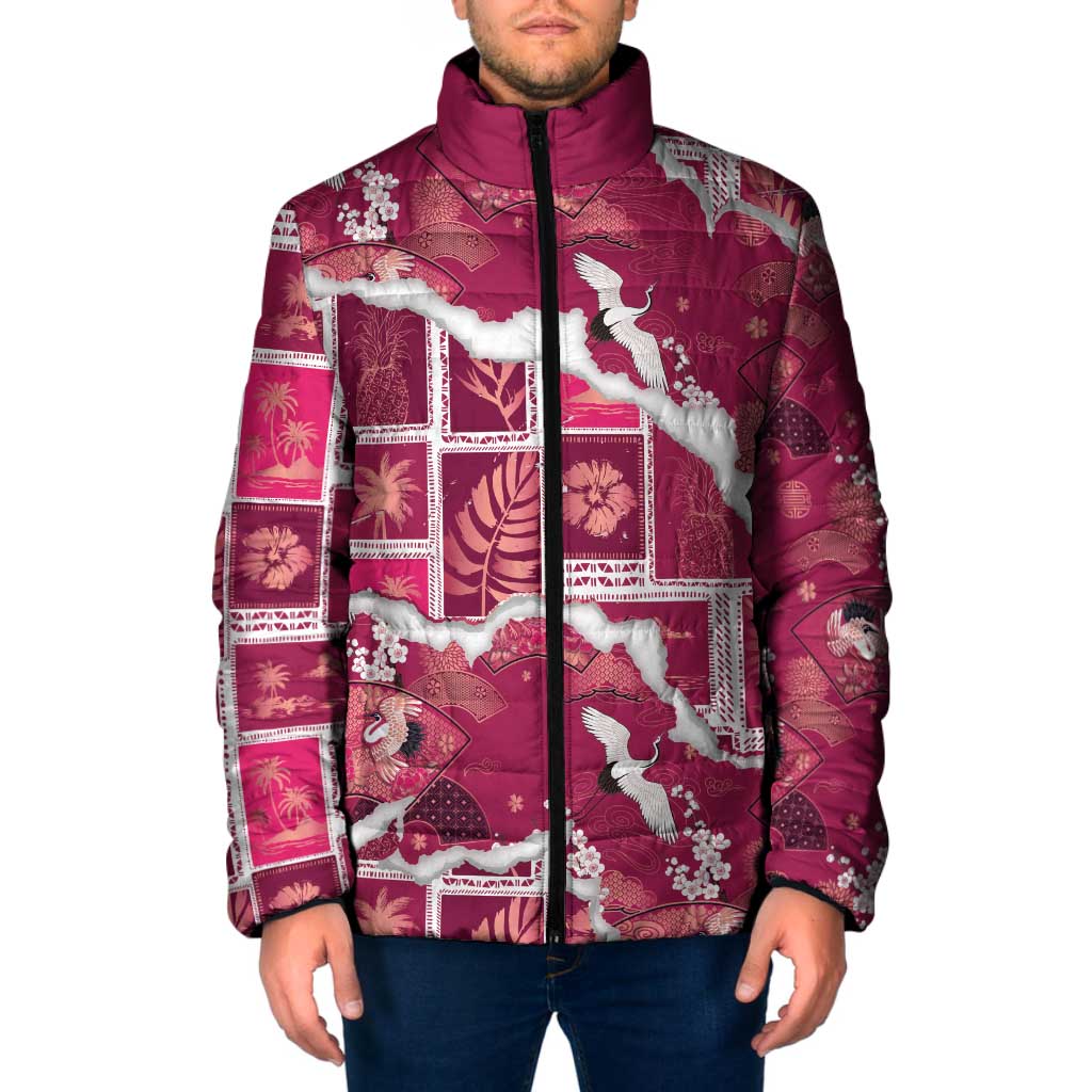 Hawaii Japanese Culture Pink Padded Jacket Spring Cranes Aloha Pattern
