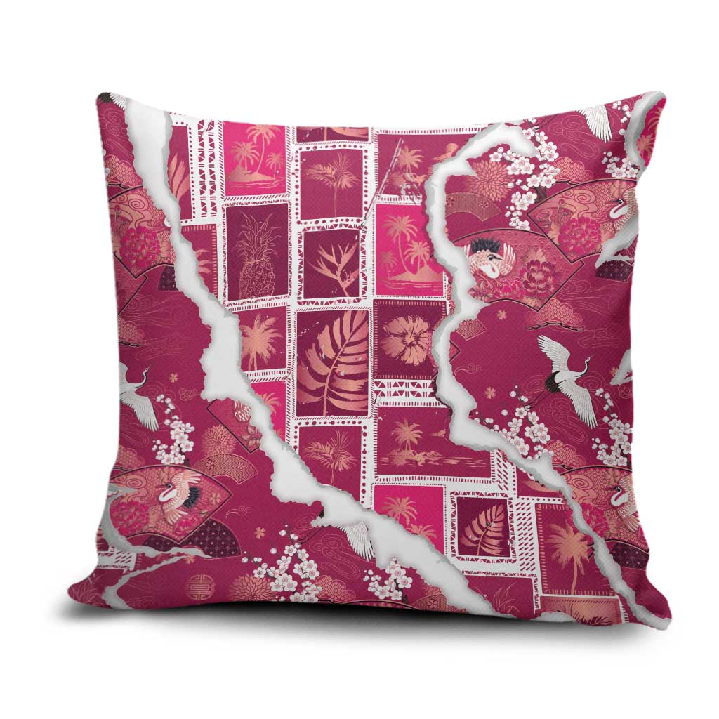 Hawaii Japanese Culture Pink Pillow Cover Spring Cranes Aloha Pattern