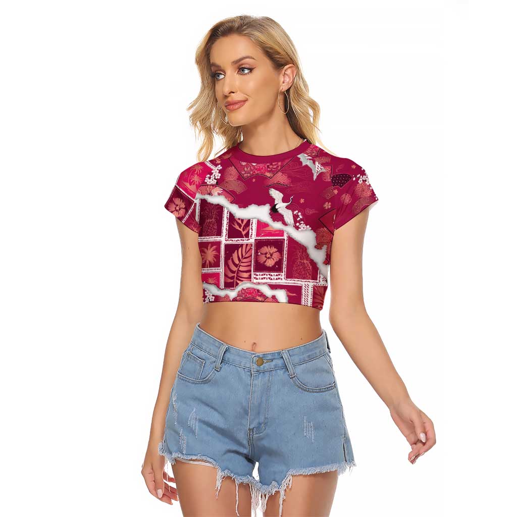 Hawaii Japanese Culture Pink Raglan Cropped T Shirt Spring Cranes Aloha Pattern