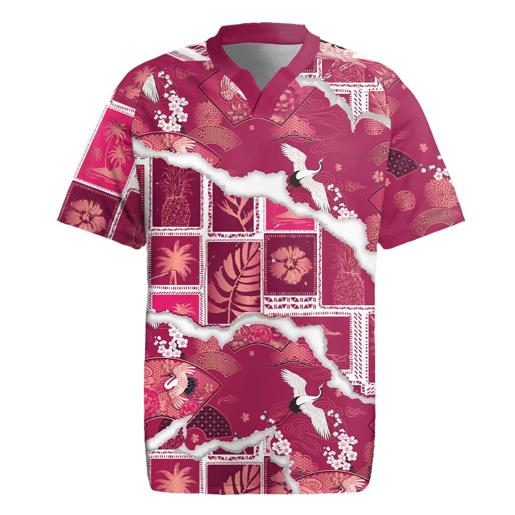 Hawaii Japanese Culture Pink Rugby Jersey Spring Cranes Aloha Pattern LT01 Pink - Polynesian Pride