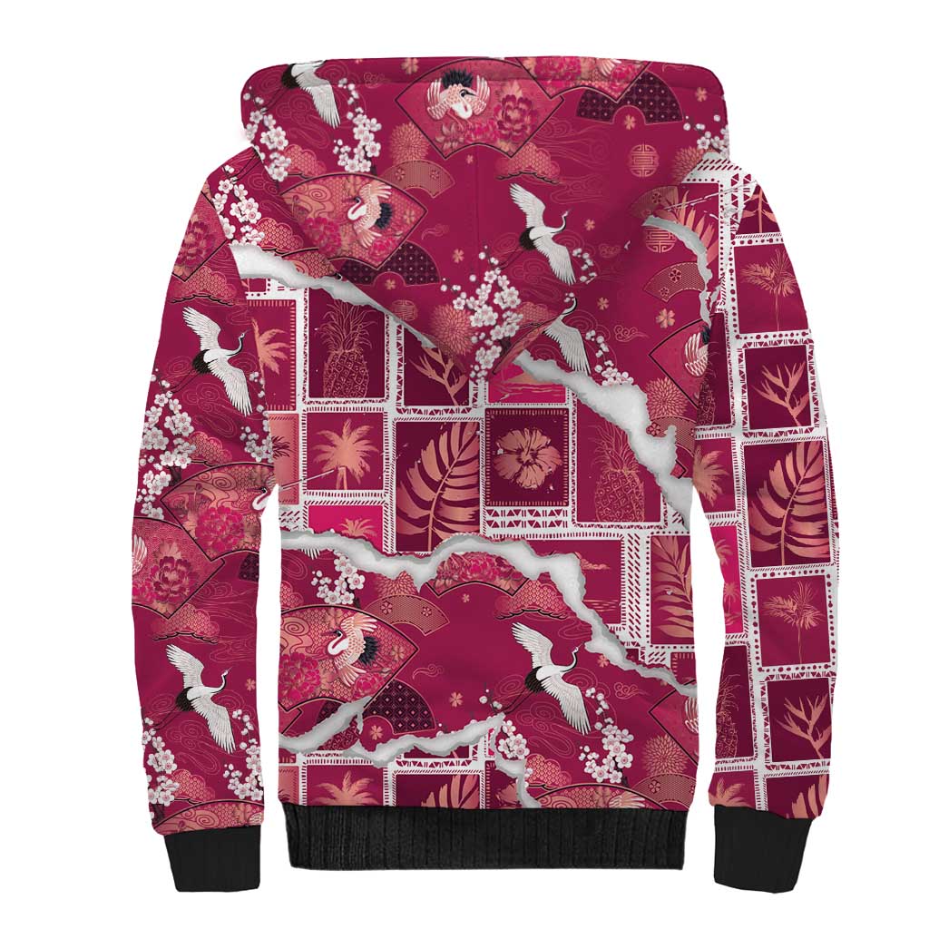 Hawaii Japanese Culture Pink Sherpa Hoodie Spring Cranes Aloha Pattern