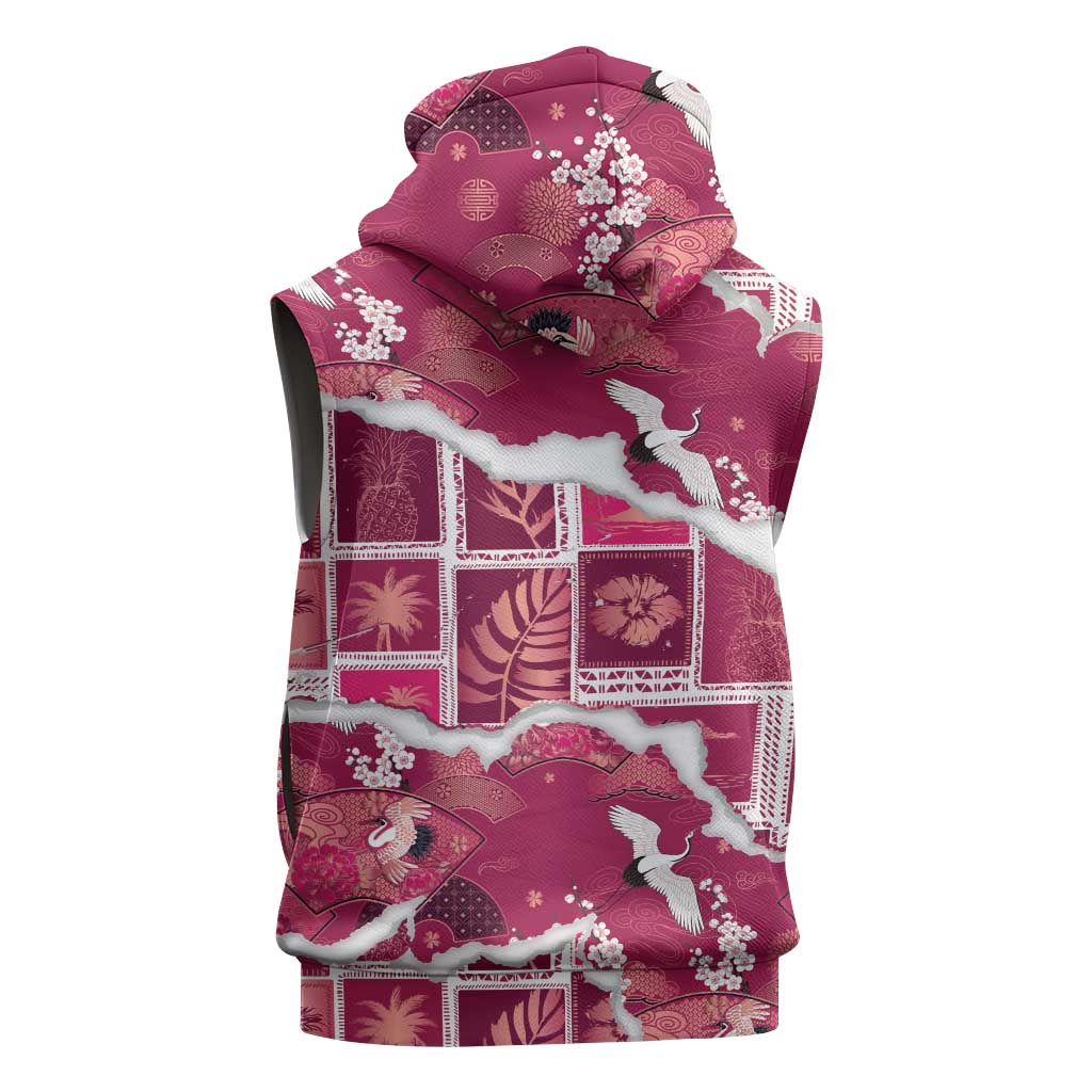 Hawaii Japanese Culture Pink Sleeveless Zip Hoodie Spring Cranes Aloha Pattern
