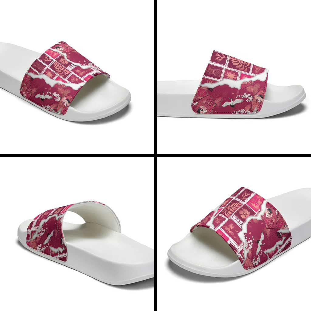 Hawaii Japanese Culture Pink Slide Sandals Spring Cranes Aloha Pattern