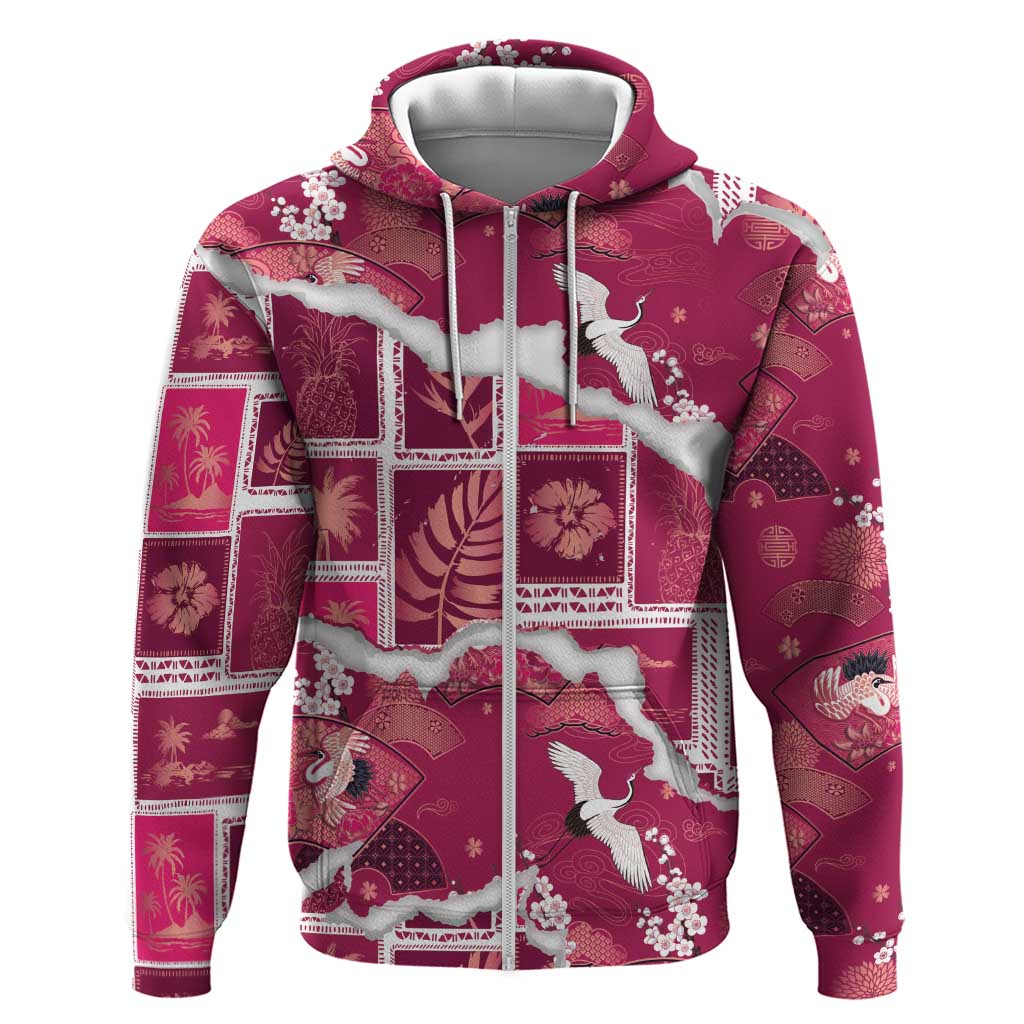 Hawaii Japanese Culture Pink Zip Hoodie Spring Cranes Aloha Pattern LT01 Zip Hoodie Pink - Polynesian Pride