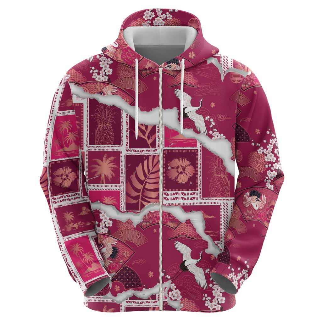 Hawaii Japanese Culture Pink Zip Hoodie Spring Cranes Aloha Pattern LT01 - Polynesian Pride