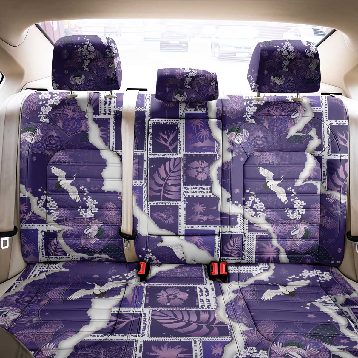 Hawaii Japanese Culture Purple Back Car Seat Cover Spring Cranes Aloha Pattern LT01 - Polynesian Pride
