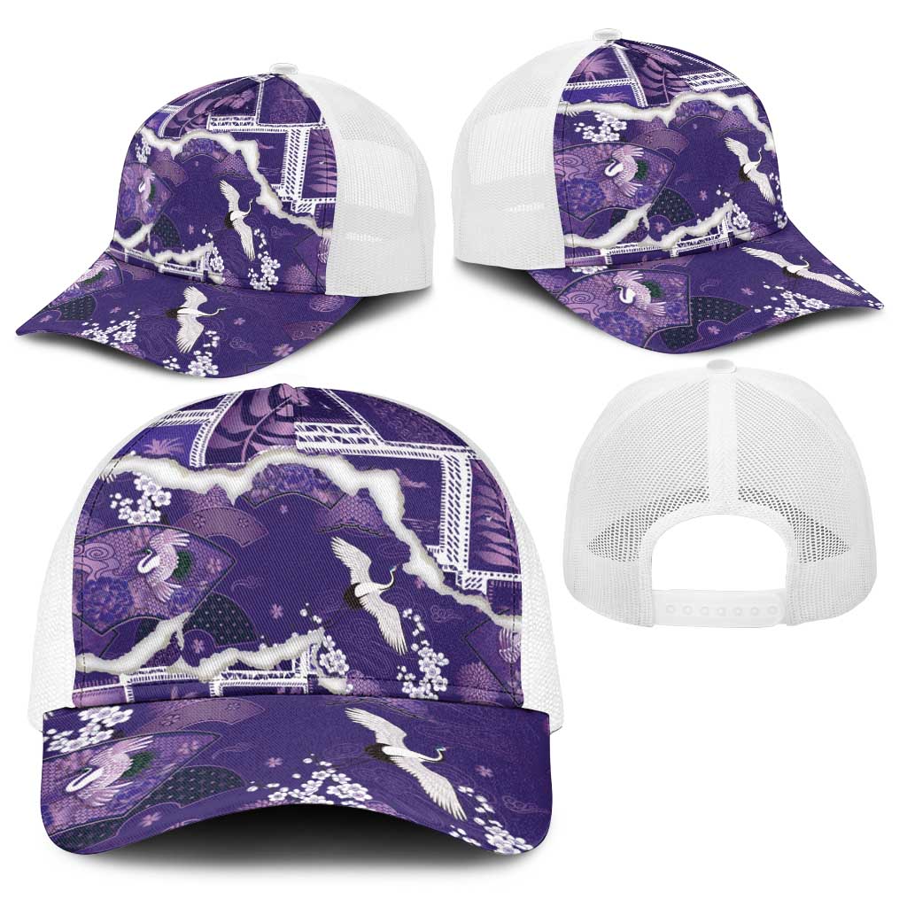 Hawaii Japanese Culture Purple Baseball Net Cap Spring Cranes Aloha Pattern