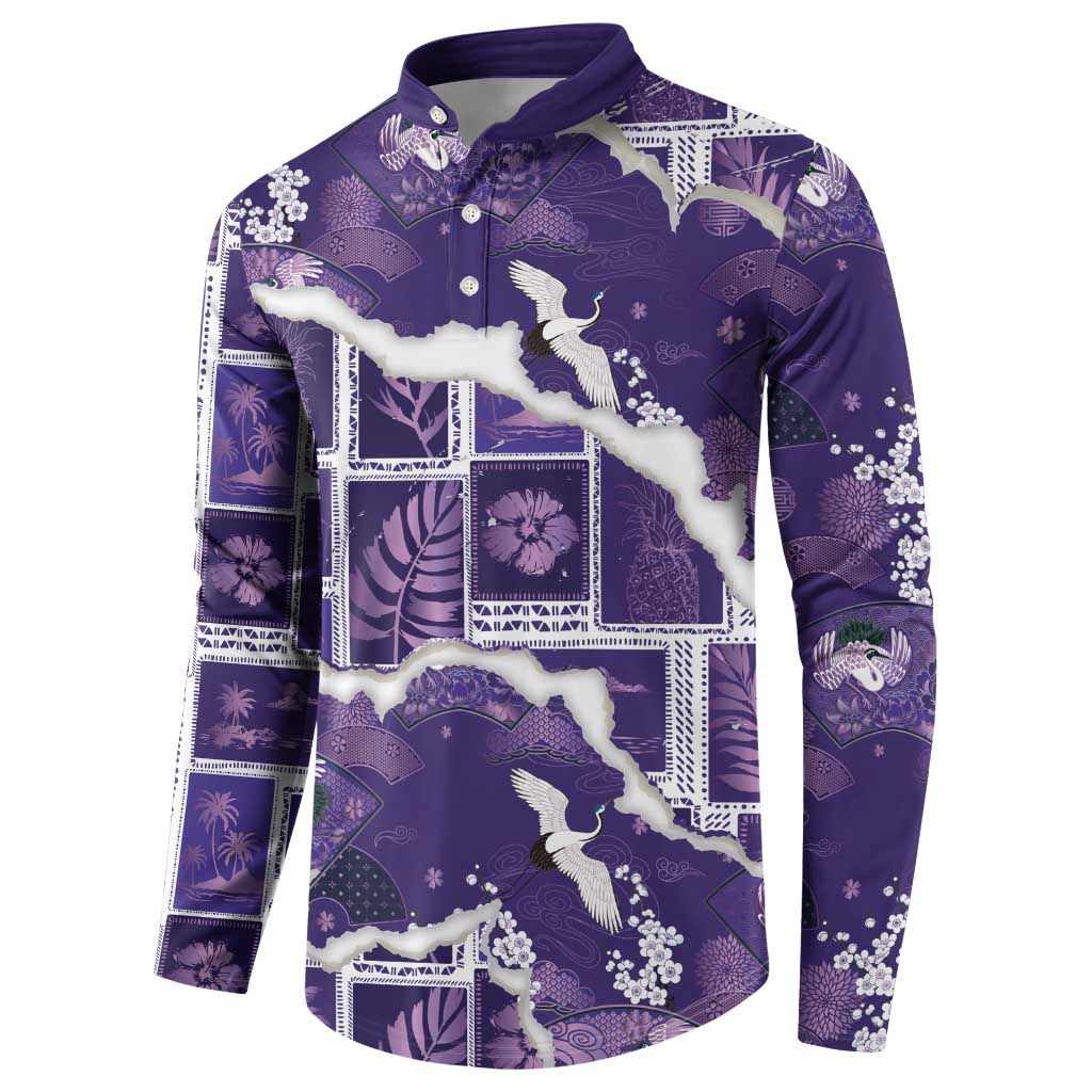 Hawaii Japanese Culture Purple Button Sweatshirt Spring Cranes Aloha Pattern