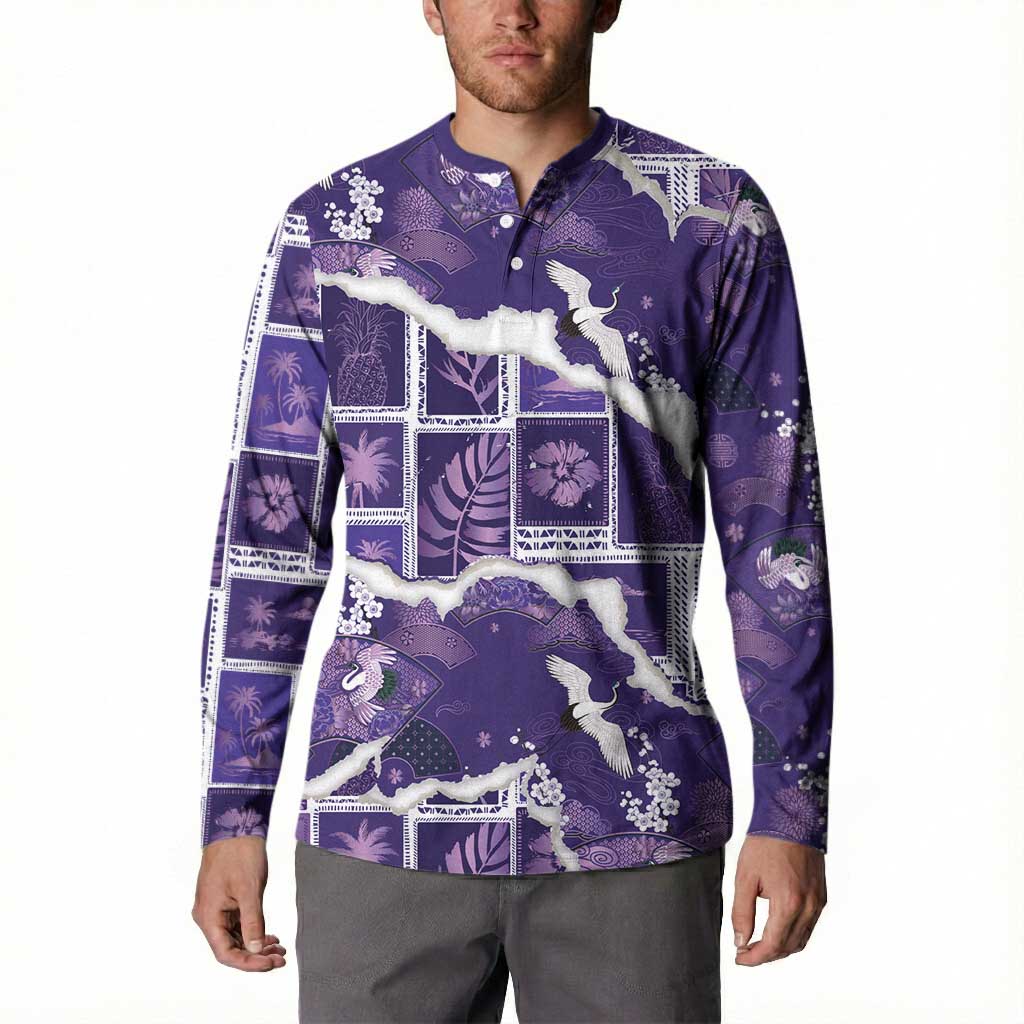 Hawaii Japanese Culture Purple Button Sweatshirt Spring Cranes Aloha Pattern