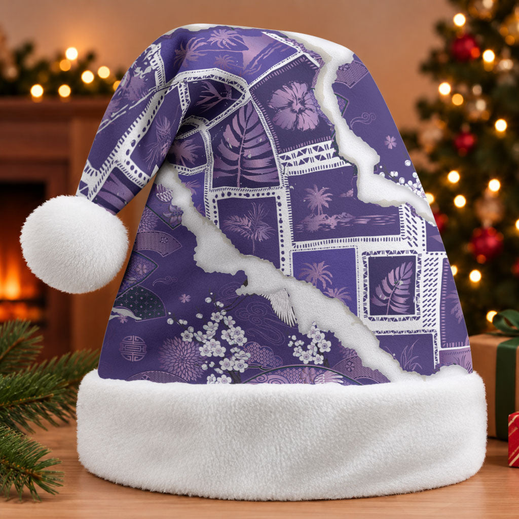 Hawaii Japanese Culture Purple Christmas Santa Hat Spring Cranes Aloha Pattern LT01 Without Fur Purple - Polynesian Pride
