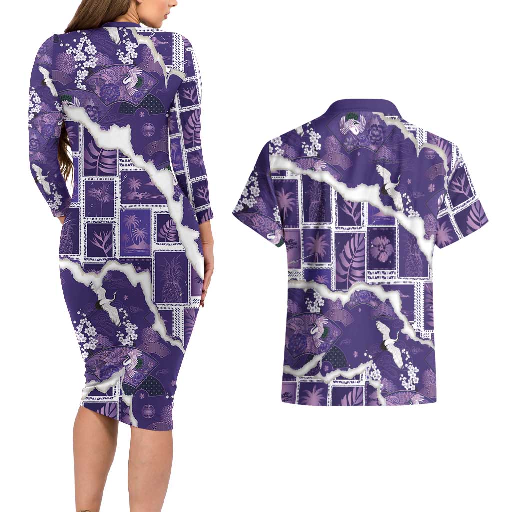Hawaii Japanese Culture Purple Couples Matching Long Sleeve Bodycon Dress and Hawaiian Shirt Spring Cranes Aloha Pattern LT01 - Polynesian Pride
