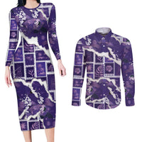 Hawaii Japanese Culture Purple Couples Matching Long Sleeve Bodycon Dress and Long Sleeve Button Shirt Spring Cranes Aloha Pattern LT01 Purple - Polynesian Pride