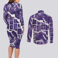Hawaii Japanese Culture Purple Couples Matching Long Sleeve Bodycon Dress and Long Sleeve Button Shirt Spring Cranes Aloha Pattern LT01 - Polynesian Pride