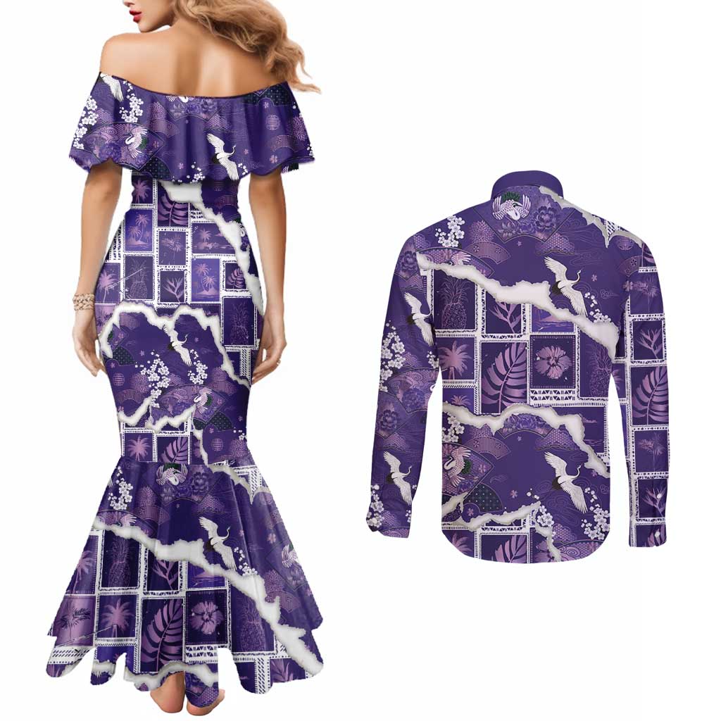 Hawaii Japanese Culture Purple Couples Matching Mermaid Dress and Long Sleeve Button Shirt Spring Cranes Aloha Pattern LT01 - Polynesian Pride