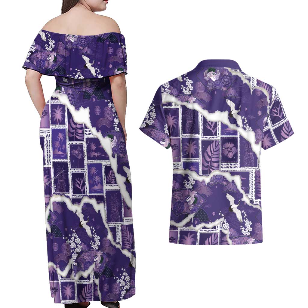 Hawaii Japanese Culture Purple Couples Matching Off Shoulder Maxi Dress and Hawaiian Shirt Spring Cranes Aloha Pattern LT01 - Polynesian Pride