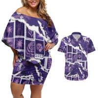 Hawaii Japanese Culture Purple Couples Matching Off Shoulder Short Dress and Hawaiian Shirt Spring Cranes Aloha Pattern LT01 Purple - Polynesian Pride