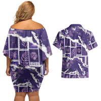 Hawaii Japanese Culture Purple Couples Matching Off Shoulder Short Dress and Hawaiian Shirt Spring Cranes Aloha Pattern LT01 - Polynesian Pride