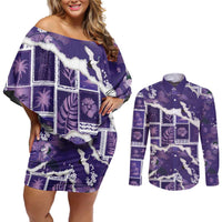 Hawaii Japanese Culture Purple Couples Matching Off Shoulder Short Dress and Long Sleeve Button Shirt Spring Cranes Aloha Pattern