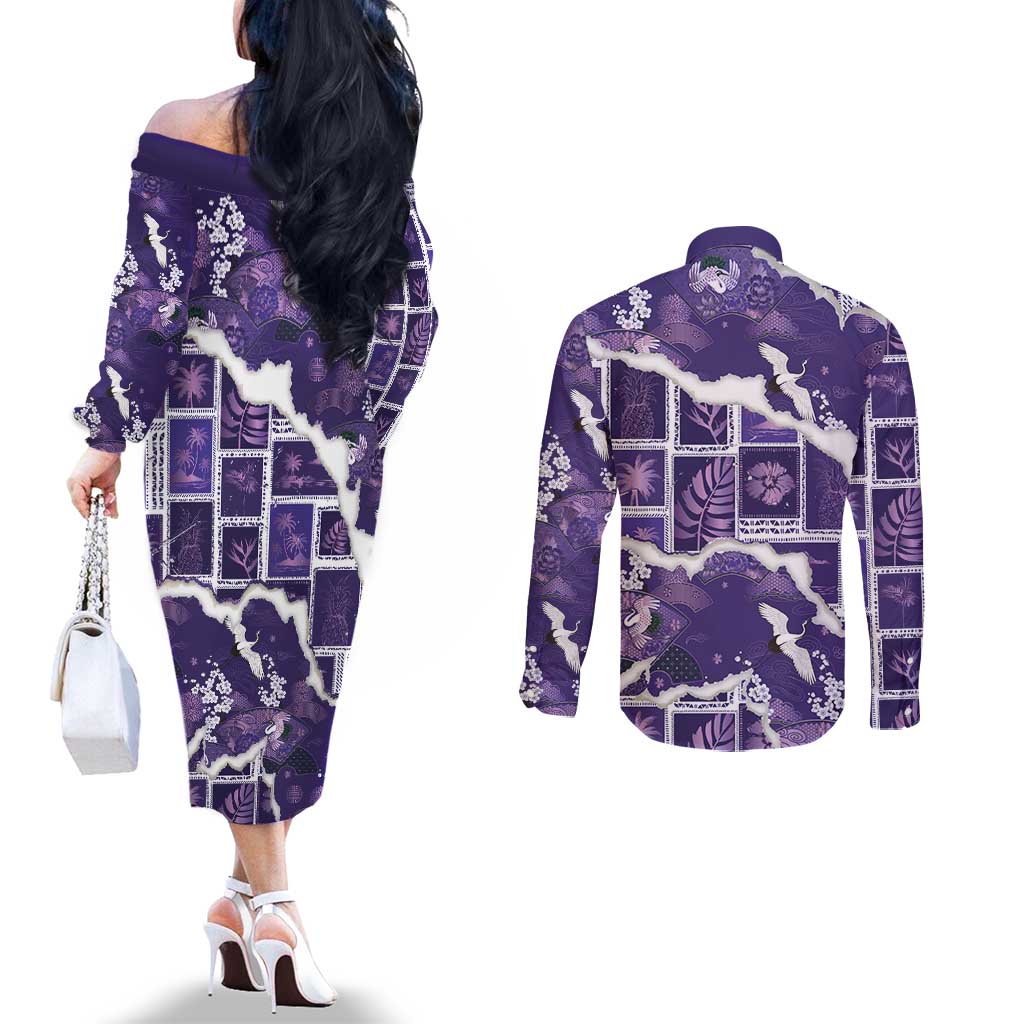 Hawaii Japanese Culture Purple Couples Matching Off The Shoulder Long Sleeve Dress and Long Sleeve Button Shirt Spring Cranes Aloha Pattern LT01 - Polynesian Pride