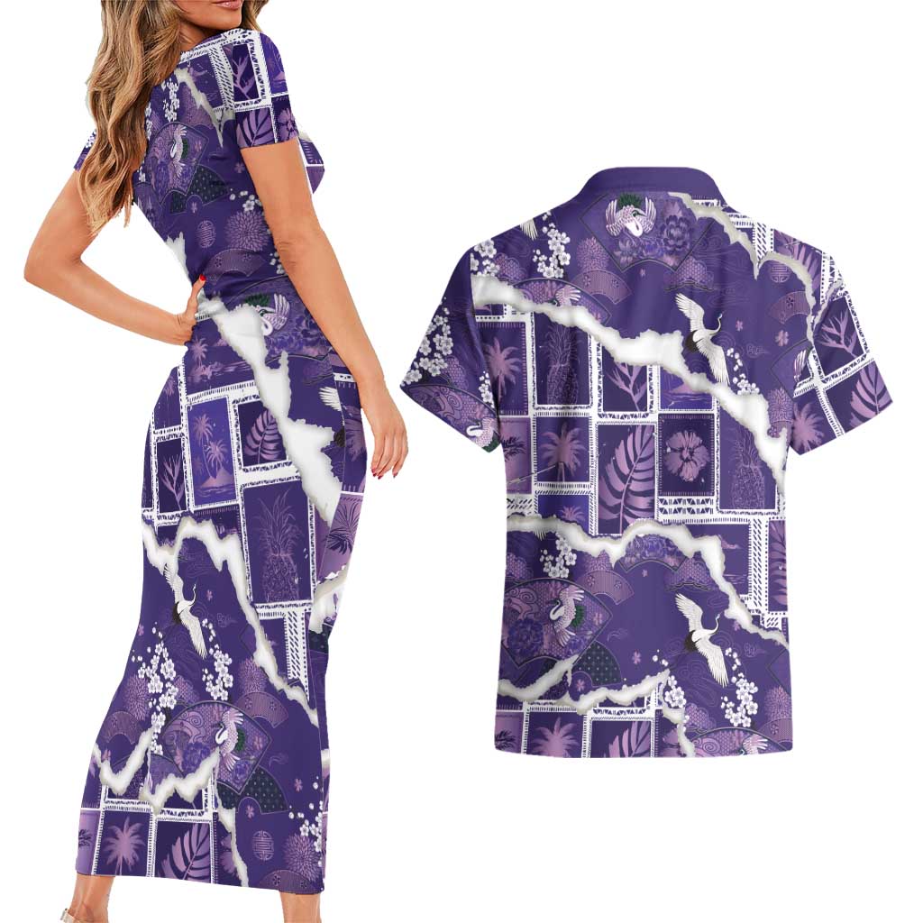 Hawaii Japanese Culture Purple Couples Matching Short Sleeve Bodycon Dress and Hawaiian Shirt Spring Cranes Aloha Pattern LT01 - Polynesian Pride