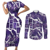 Hawaii Japanese Culture Purple Couples Matching Short Sleeve Bodycon Dress and Long Sleeve Button Shirt Spring Cranes Aloha Pattern LT01 Purple - Polynesian Pride