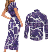 Hawaii Japanese Culture Purple Couples Matching Short Sleeve Bodycon Dress and Long Sleeve Button Shirt Spring Cranes Aloha Pattern LT01 - Polynesian Pride