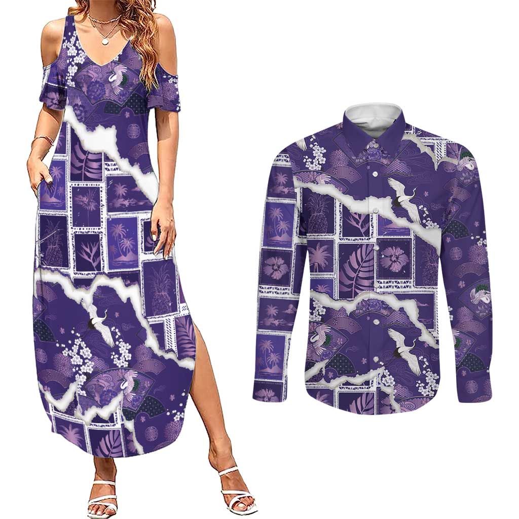 Hawaii Japanese Culture Purple Couples Matching Summer Maxi Dress and Long Sleeve Button Shirt Spring Cranes Aloha Pattern