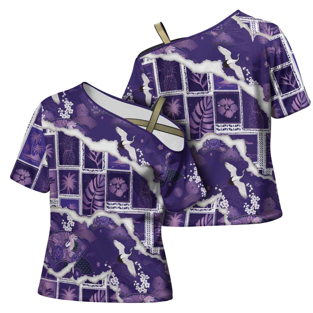 Hawaii Japanese Culture Purple Cross Shoulder Shirt Spring Cranes Aloha Pattern