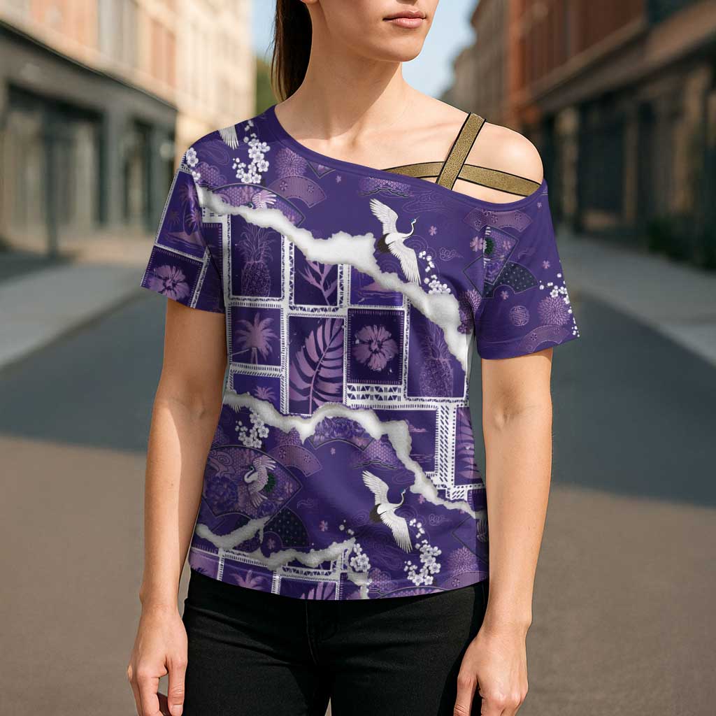 Hawaii Japanese Culture Purple Cross Shoulder Shirt Spring Cranes Aloha Pattern