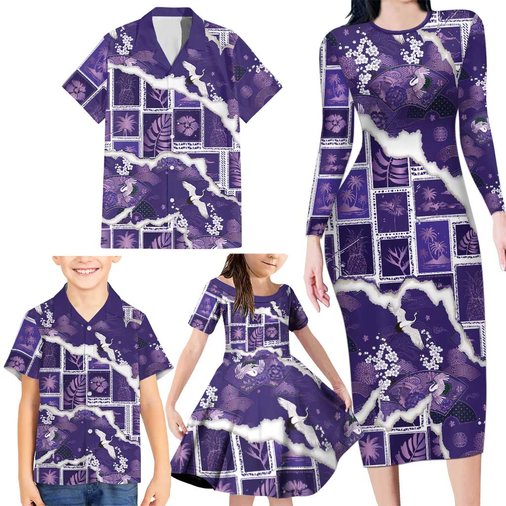 Hawaii Japanese Culture Purple Family Matching Long Sleeve Bodycon Dress and Hawaiian Shirt Spring Cranes Aloha Pattern LT01 - Polynesian Pride