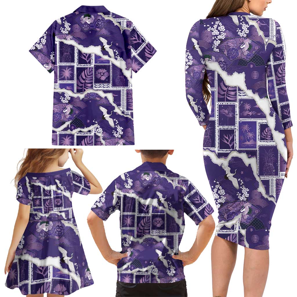 Hawaii Japanese Culture Purple Family Matching Long Sleeve Bodycon Dress and Hawaiian Shirt Spring Cranes Aloha Pattern LT01 - Polynesian Pride