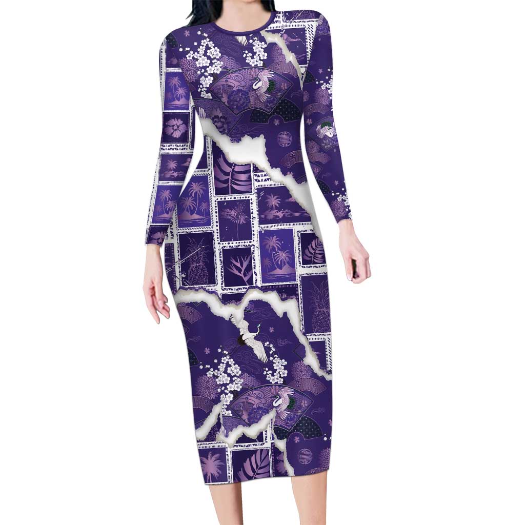 Hawaii Japanese Culture Purple Family Matching Long Sleeve Bodycon Dress and Hawaiian Shirt Spring Cranes Aloha Pattern LT01 Mom's Dress Purple - Polynesian Pride