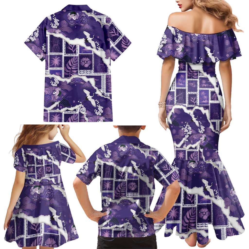 Hawaii Japanese Culture Purple Family Matching Mermaid Dress and Hawaiian Shirt Spring Cranes Aloha Pattern LT01 - Polynesian Pride