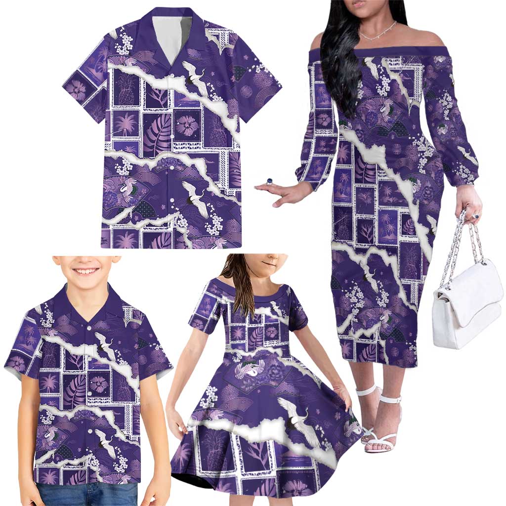 Hawaii Japanese Culture Purple Family Matching Off The Shoulder Long Sleeve Dress and Hawaiian Shirt Spring Cranes Aloha Pattern