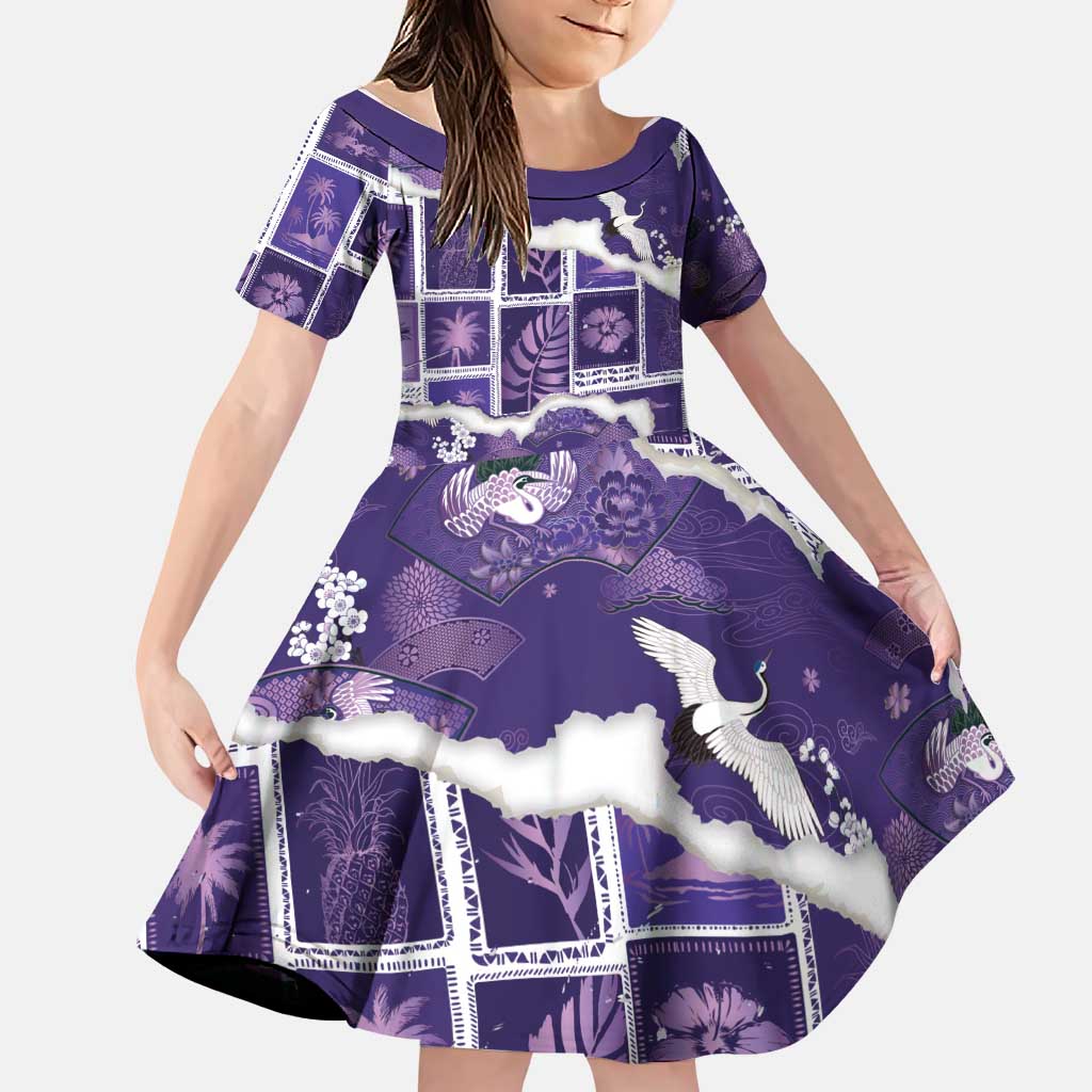 Hawaii Japanese Culture Purple Family Matching Summer Maxi Dress and Hawaiian Shirt Spring Cranes Aloha Pattern LT01 Daughter's Dress Purple - Polynesian Pride