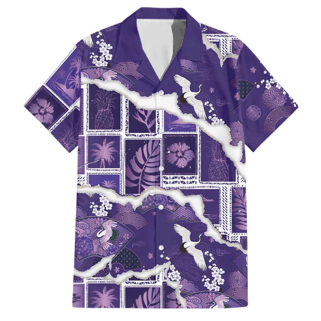 Hawaii Japanese Culture Purple Family Matching Tank Maxi Dress and Hawaiian Shirt Spring Cranes Aloha Pattern LT01 Dad's Shirt - Short Sleeve Purple - Polynesian Pride
