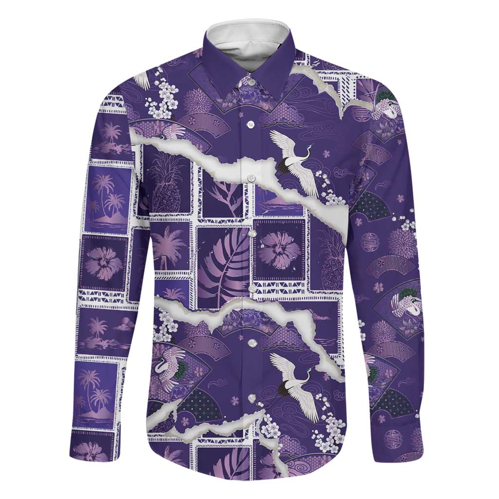 Hawaii Japanese Culture Purple Family Matching Tank Maxi Dress and Hawaiian Shirt Spring Cranes Aloha Pattern LT01 Dad's Shirt - Long Sleeve Purple - Polynesian Pride
