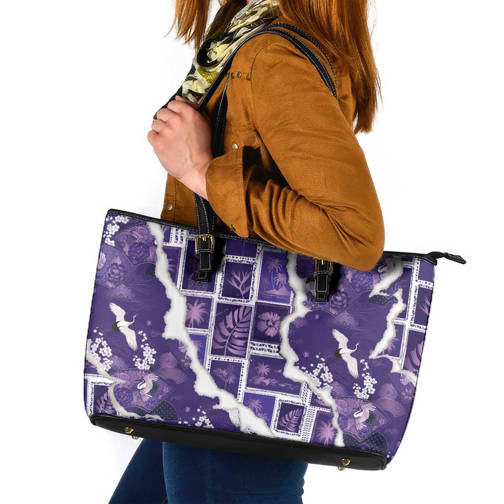 Hawaii Japanese Culture Purple Leather Tote Bag Spring Cranes Aloha Pattern LT01 Purple - Polynesian Pride