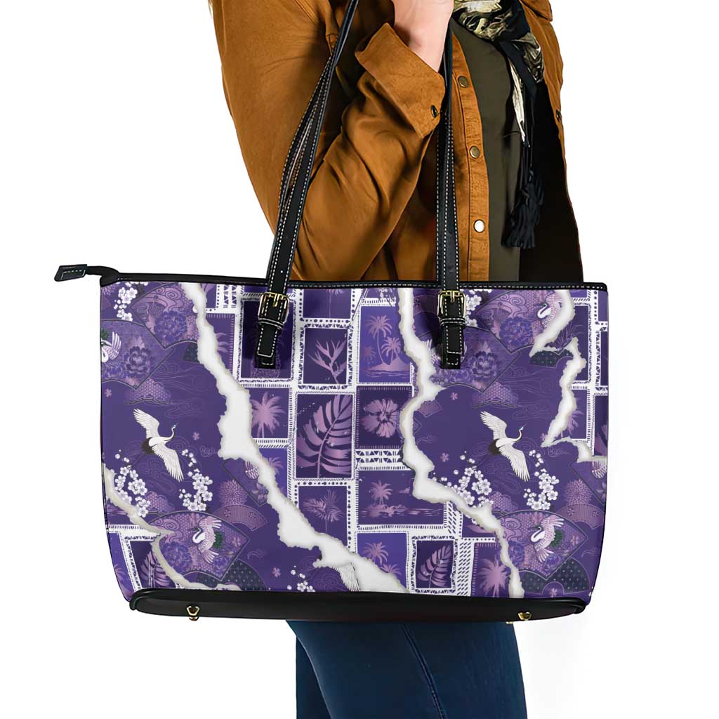 Hawaii Japanese Culture Purple Leather Tote Bag Spring Cranes Aloha Pattern LT01 - Polynesian Pride