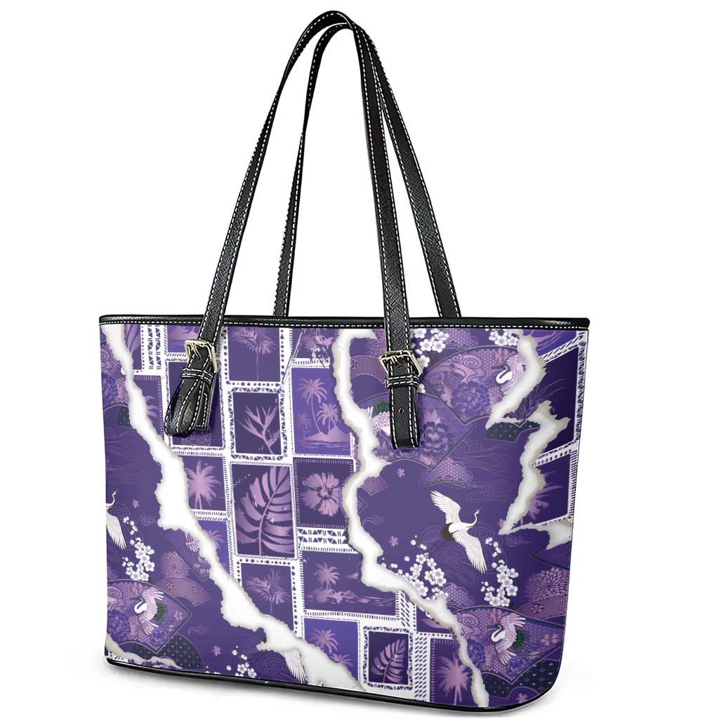 Hawaii Japanese Culture Purple Leather Tote Bag Spring Cranes Aloha Pattern LT01 - Polynesian Pride