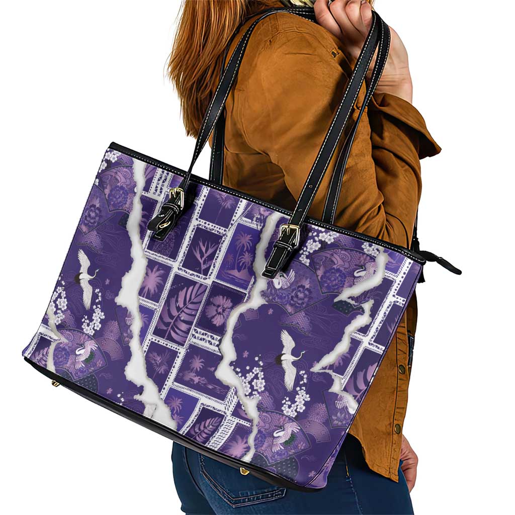 Hawaii Japanese Culture Purple Leather Tote Bag Spring Cranes Aloha Pattern LT01 - Polynesian Pride