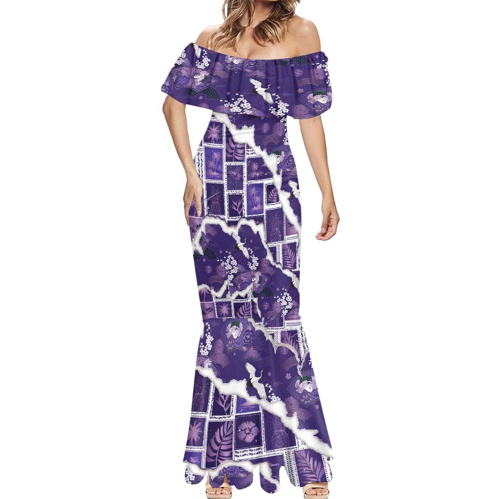 Hawaii Japanese Culture Purple Mermaid Dress Spring Cranes Aloha Pattern