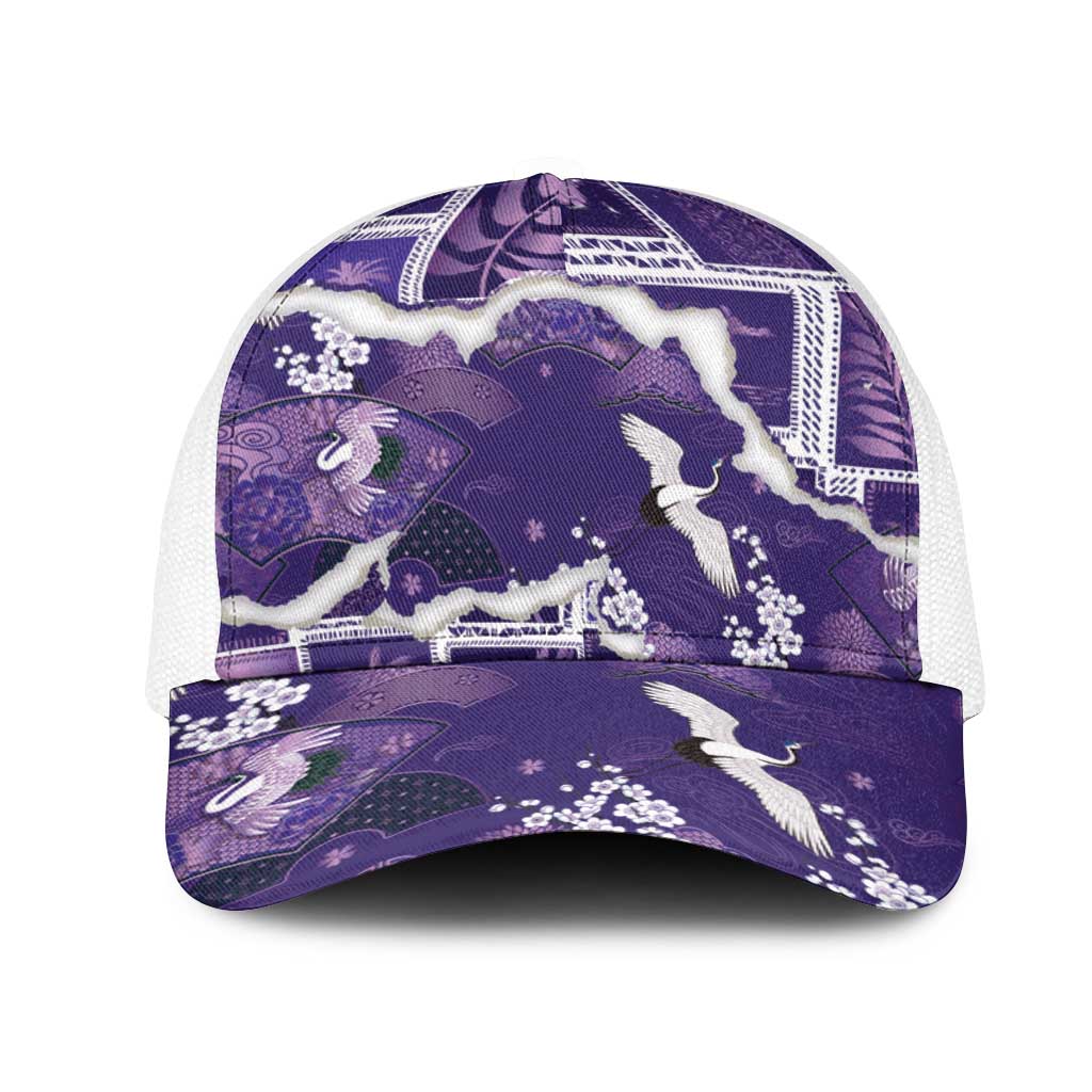 Hawaii Japanese Culture Purple Mesh Trucker Cap Spring Cranes Aloha Pattern