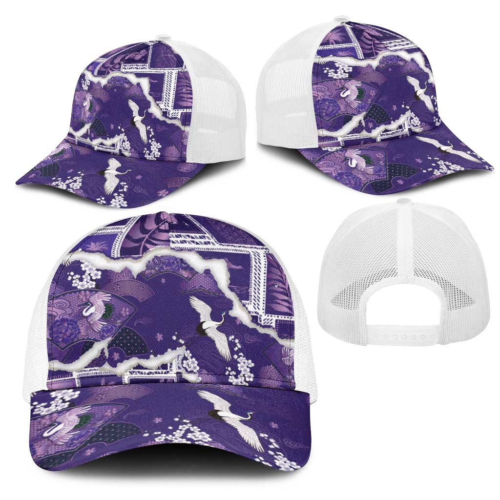 Hawaii Japanese Culture Purple Mesh Trucker Cap Spring Cranes Aloha Pattern