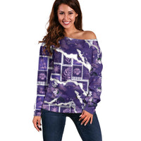 Hawaii Japanese Culture Purple Off Shoulder Sweater Spring Cranes Aloha Pattern