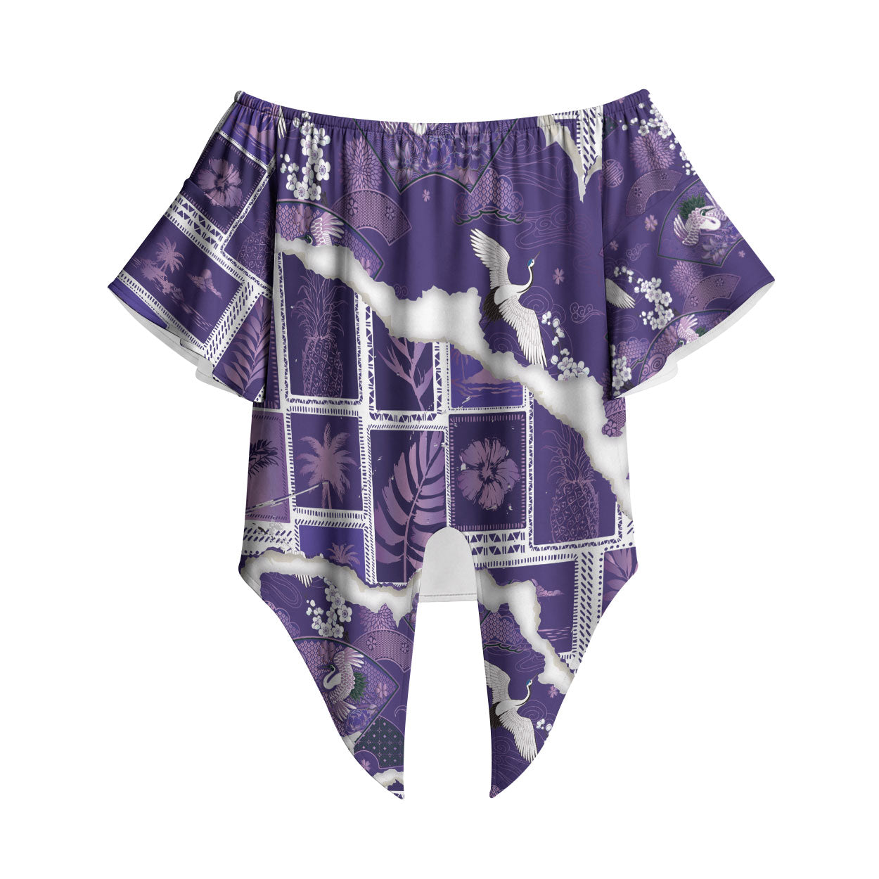Hawaii Japanese Culture Purple Off Shoulder Wrap Waist Top Spring Cranes Aloha Pattern LT01 Purple - Polynesian Pride