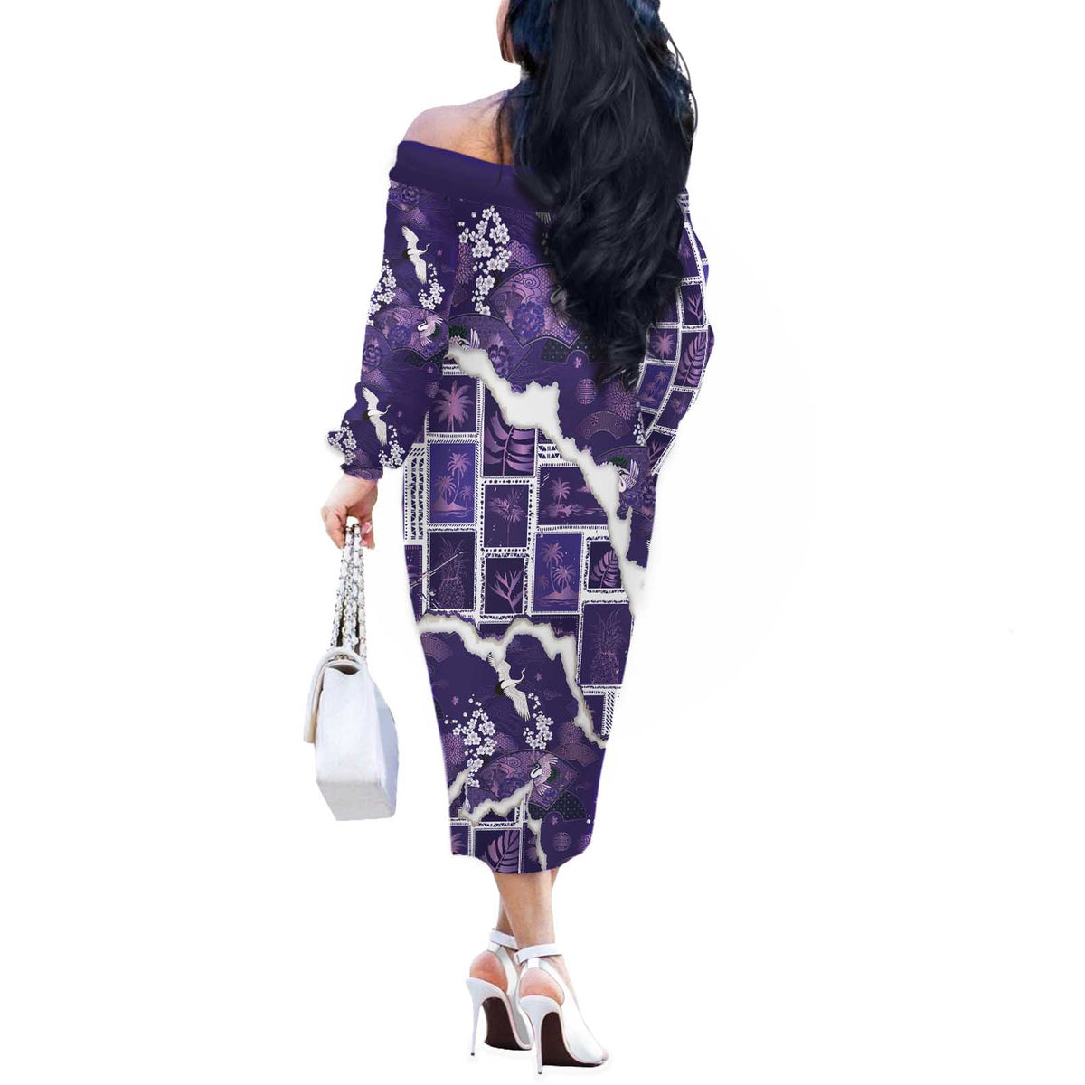 Hawaii Japanese Culture Purple Off The Shoulder Long Sleeve Dress Spring Cranes Aloha Pattern LT01 - Polynesian Pride