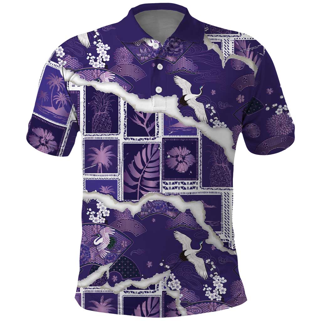 Hawaii Japanese Culture Purple Polo Shirt Spring Cranes Aloha Pattern
