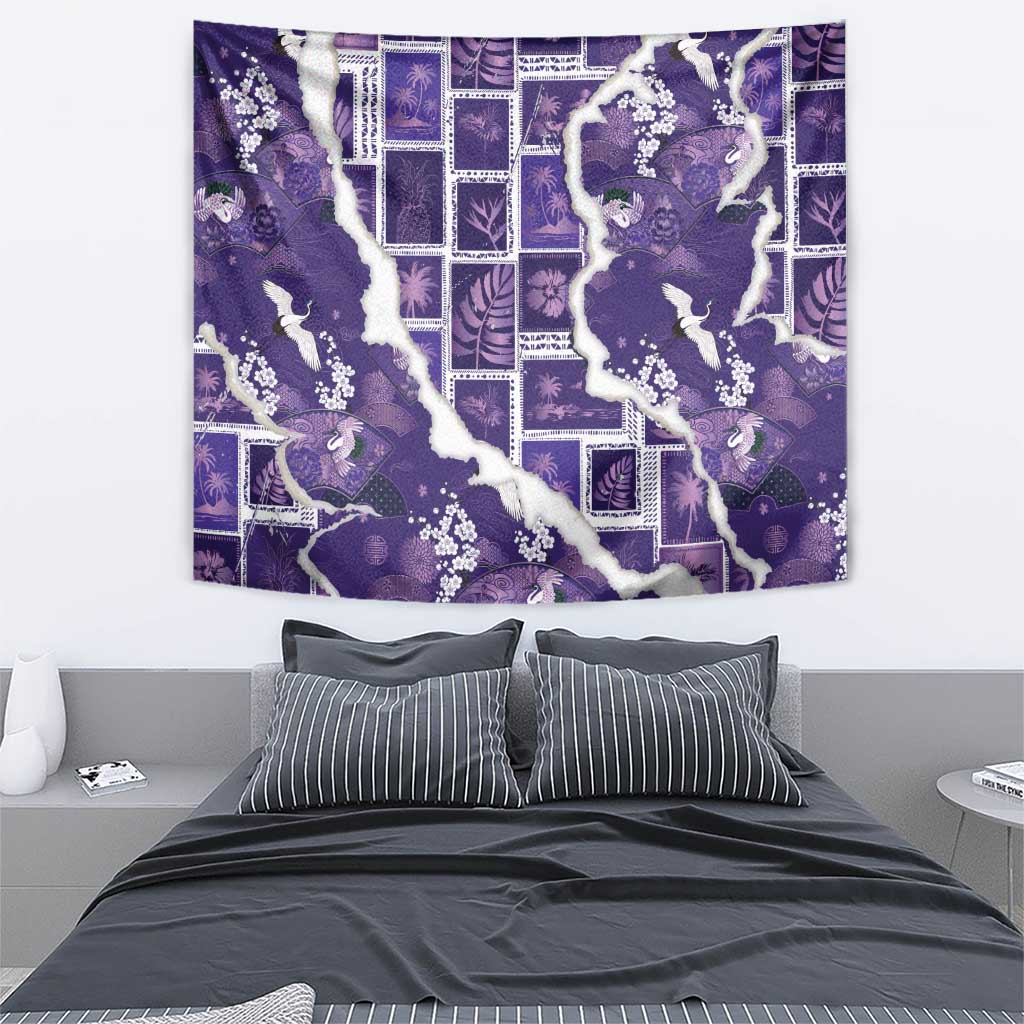Hawaii Japanese Culture Purple Tapestry Spring Cranes Aloha Pattern